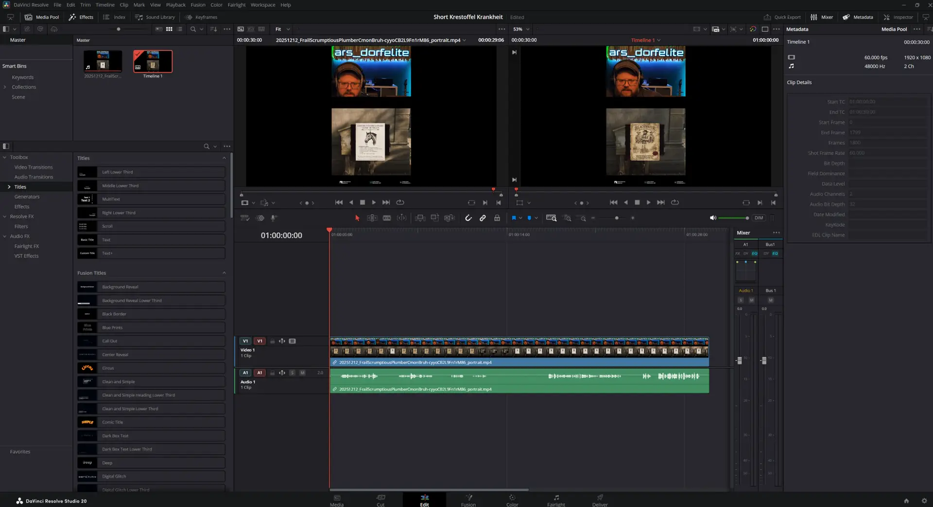 DaVinci-Resolve-Projekt der Shortcontent-Pipeline — Schnitt eines ars_dorfelite-Shorts